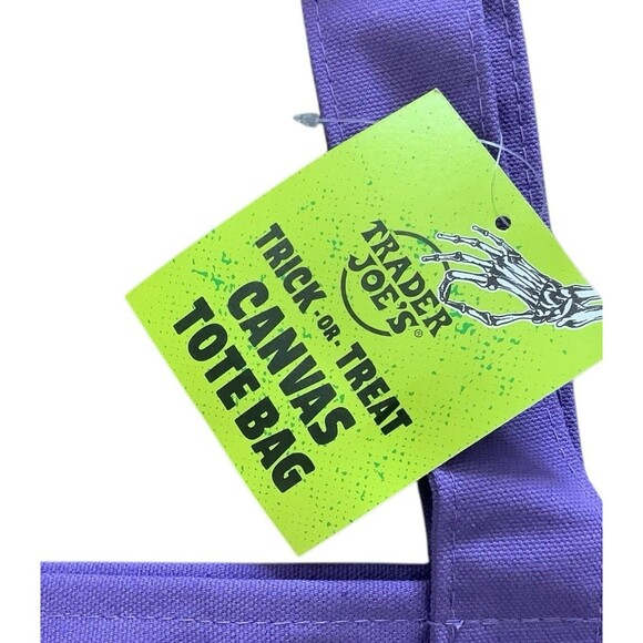 Trader Joe's Halloween Canvas Mini Tote Bag Purple With Green Stitching New - Picture 2 of 4